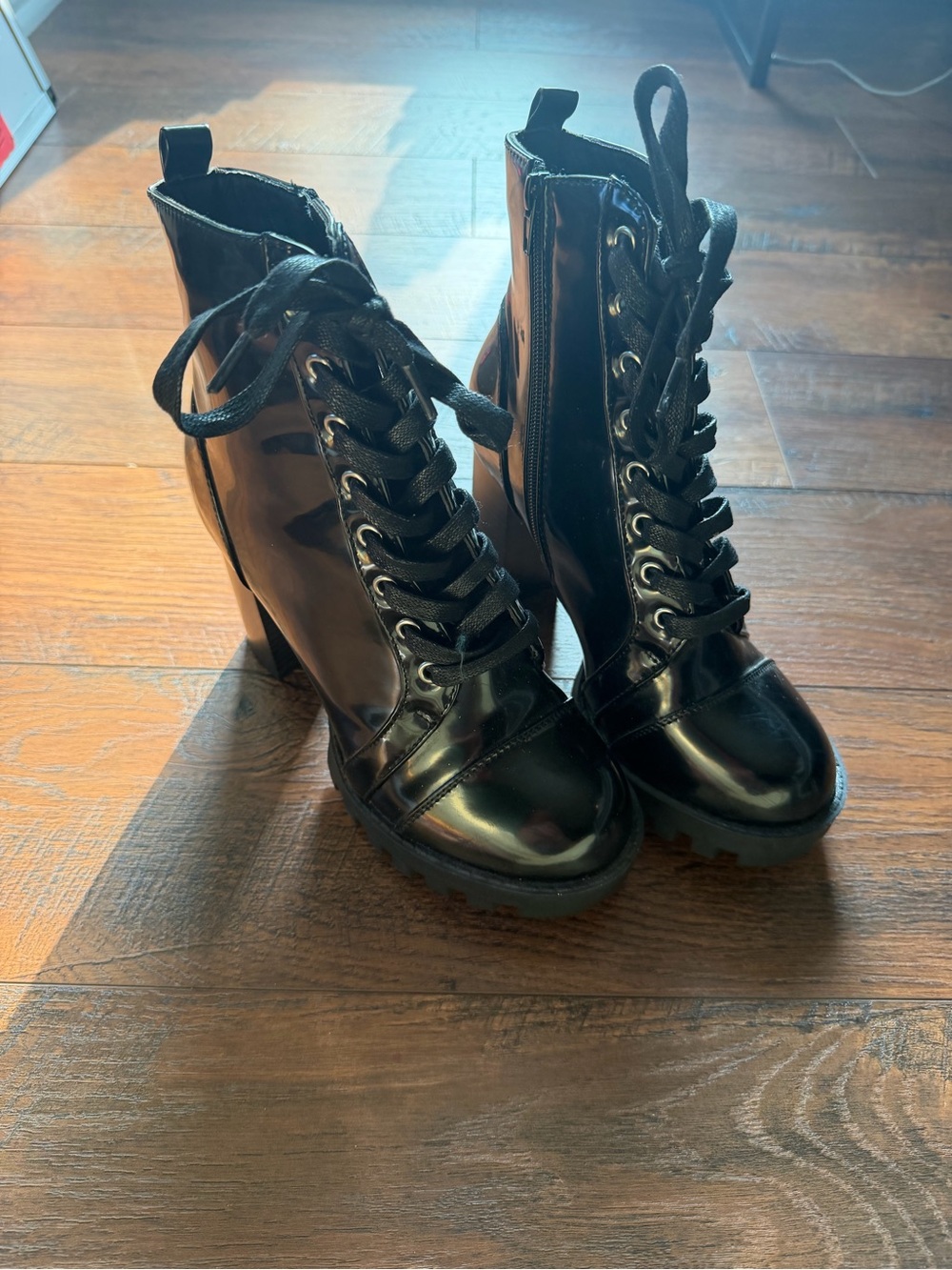 Forever 21 Black Patent Lace-Up High Heel Combat Boots